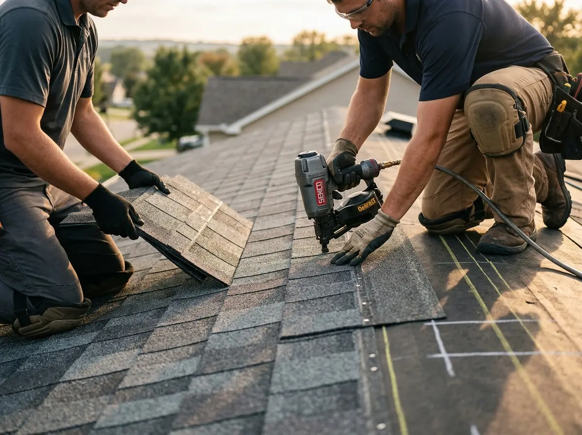 Professional roofer working on a residential roof in Midway City